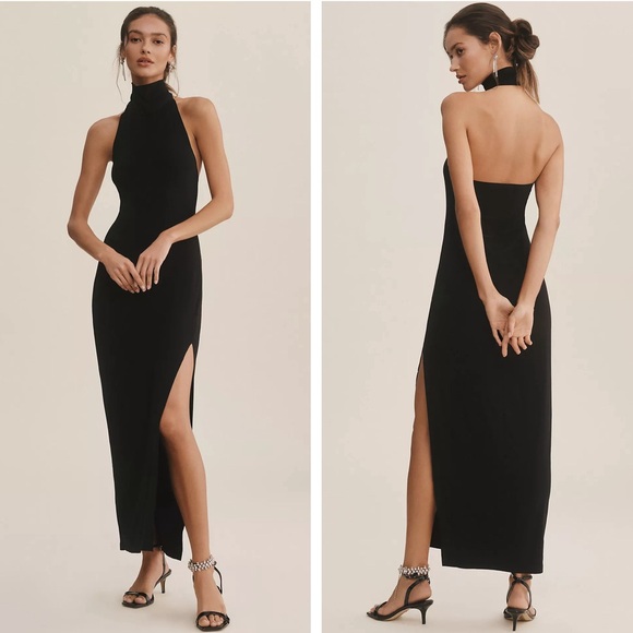 NORMA KAMALI Halter Turtleneck Side Slit Stretch Jersey Midi Dress NEW M Black - Picture 1 of 15